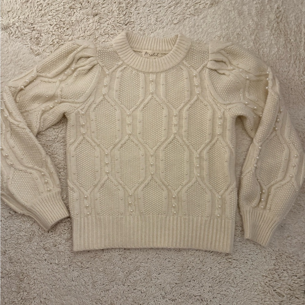 Marled Cream Knit Sweater with Pearl Details